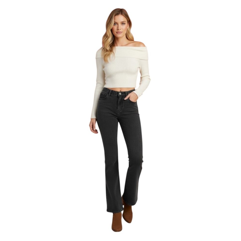 Charcoal High Waisted Zipper Fly 5 Pocket Flare bottom Jeans